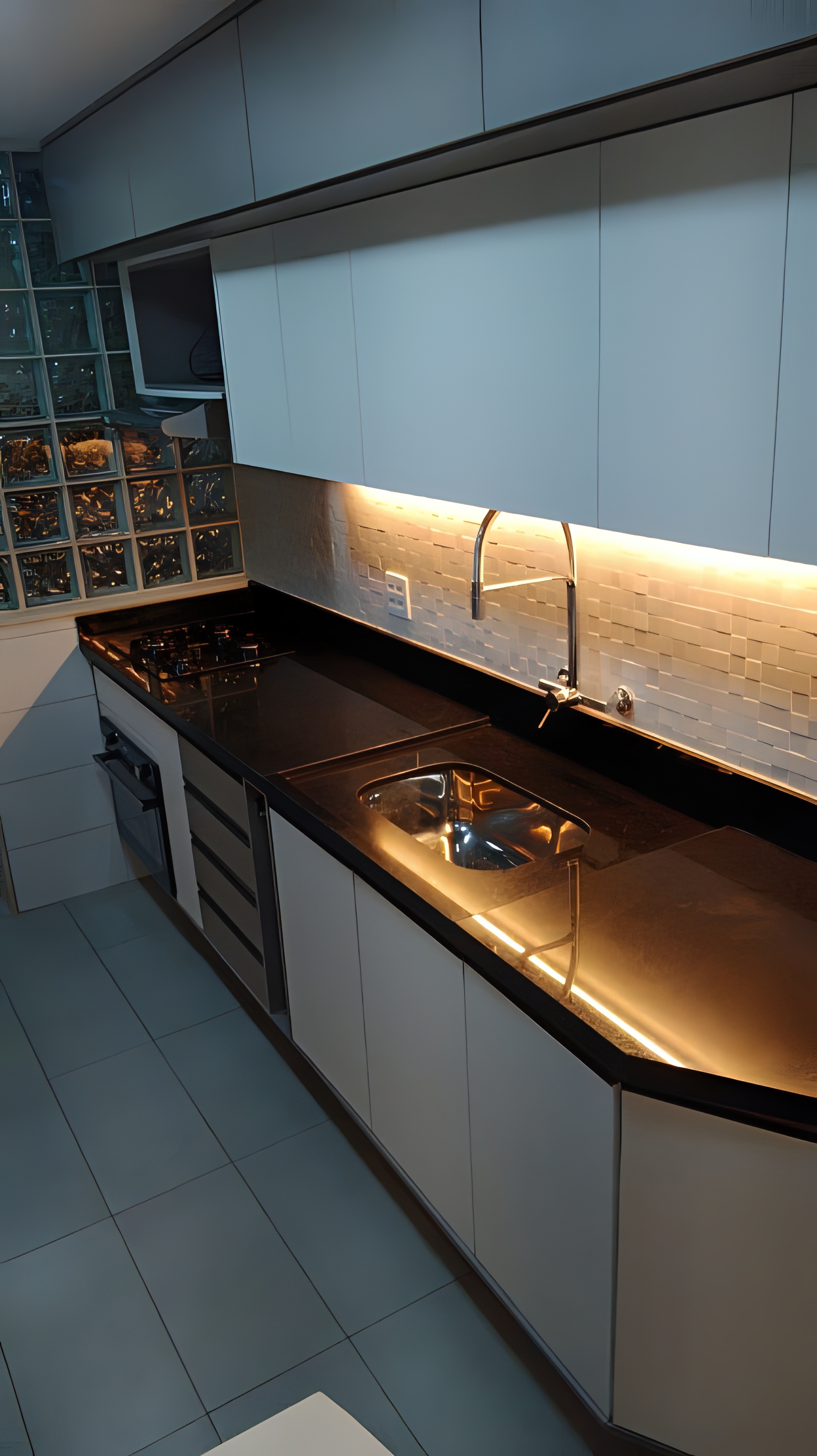 Cozinha planejada com bancada escura, armários brancos e iluminação LED em fita em Resende